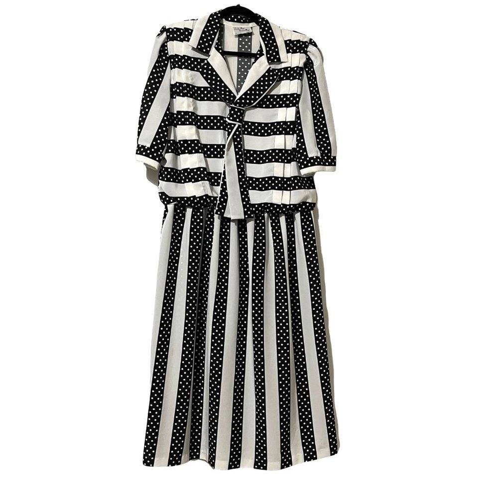 Lady Page Susan Page VTG USA women’s navy black polka dot striped pleated dress
